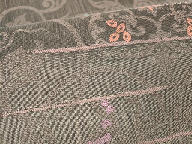 平和屋着物▽両面 全通柄袋帯 スリーシーズン 春夏秋 葡萄蔦の葉花文 幾何学文様 正絹 逸品 DABD6668cm