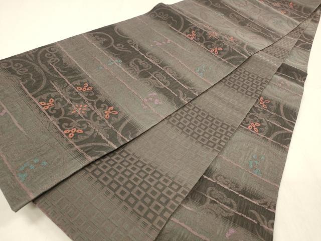 平和屋着物▽両面 全通柄袋帯 スリーシーズン 春夏秋 葡萄蔦の葉花文 幾何学文様 正絹 逸品 DABD6668cm