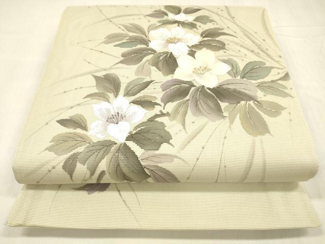 平和屋着物＊夏物 太鼓柄 本袋帯 作家物 手描き 刺繍 草花文 銀彩 正絹 逸品 DABD6671cm