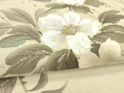 平和屋着物＊夏物 太鼓柄 本袋帯 作家物 手描き 刺繍 草花文 銀彩 正絹 逸品 DABD6671cm