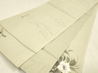 平和屋着物＊夏物 太鼓柄 本袋帯 作家物 手描き 刺繍 草花文 銀彩 正絹 逸品 DABD6671cm