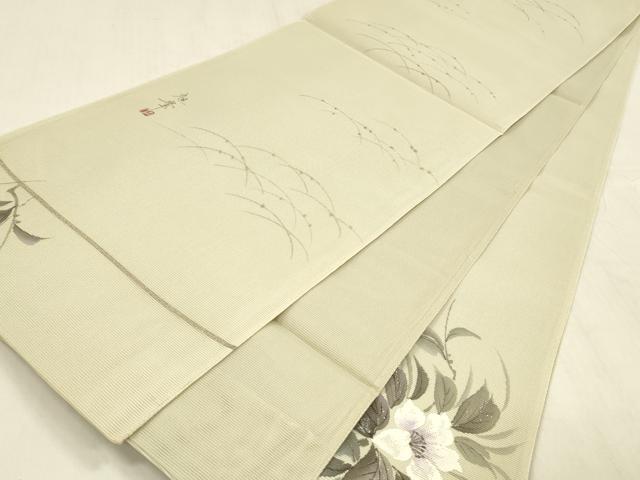 平和屋着物＊夏物 太鼓柄 本袋帯 作家物 手描き 刺繍 草花文 銀彩 正絹 逸品 DABD6671cm