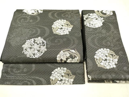 平和屋着物＊夏物　つけ帯　流水草花文　黒地　金銀糸　正絹　逸品　DABD6674cm