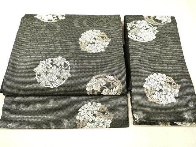 平和屋着物＊夏物　つけ帯　流水草花文　黒地　金銀糸　正絹　逸品　DABD6674cm