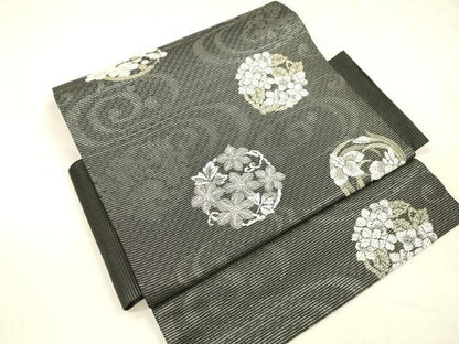 平和屋着物＊夏物　つけ帯　流水草花文　黒地　金銀糸　正絹　逸品　DABD6674cm