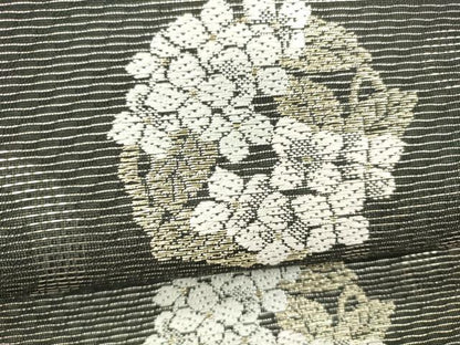 平和屋着物＊夏物　つけ帯　流水草花文　黒地　金銀糸　正絹　逸品　DABD6674cm