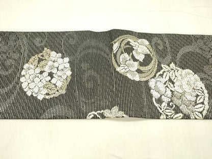 平和屋着物＊夏物　つけ帯　流水草花文　黒地　金銀糸　正絹　逸品　DABD6674cm