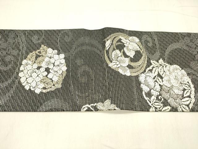 平和屋着物＊夏物　つけ帯　流水草花文　黒地　金銀糸　正絹　逸品　DABD6674cm