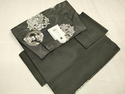 平和屋着物＊夏物　つけ帯　流水草花文　黒地　金銀糸　正絹　逸品　DABD6674cm