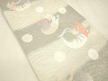 平和屋着物＊夏物 六通柄袋帯 唐織 流水鴛鴦花文 銀糸 正絹 逸品 DABD6677cm