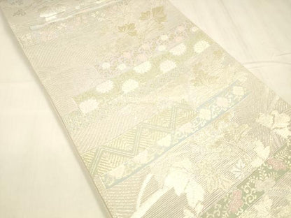 平和屋着物＊夏物 六通柄袋帯 草花文 金銀糸 正絹 逸品 DABD6680cm