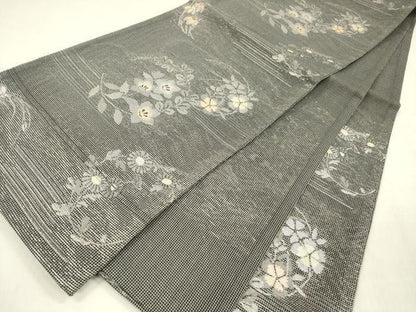 平和屋着物＊夏物 六通柄 京袋帯 草花文 黒地 銀糸 DABD6685cm