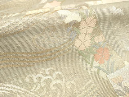 平和屋着物＊夏物　六通柄袋帯　流水短冊花文　金銀糸　正絹　逸品　DABD6691cm
