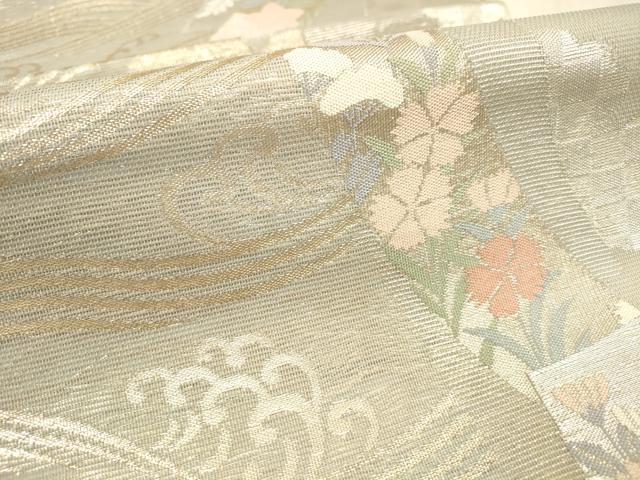 平和屋着物＊夏物　六通柄袋帯　流水短冊花文　金銀糸　正絹　逸品　DABD6691cm