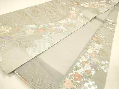 平和屋着物＊夏物　六通柄袋帯　流水短冊花文　金銀糸　正絹　逸品　DABD6691cm