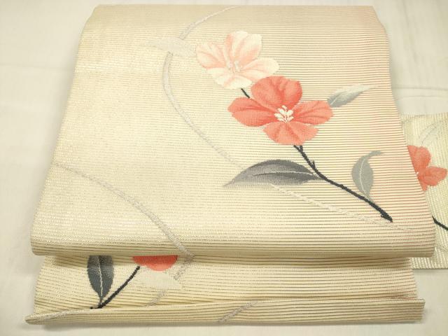 平和屋着物＊夏物 九寸名古屋帯 草花文 銀糸 正絹 逸品 DABD6697cm