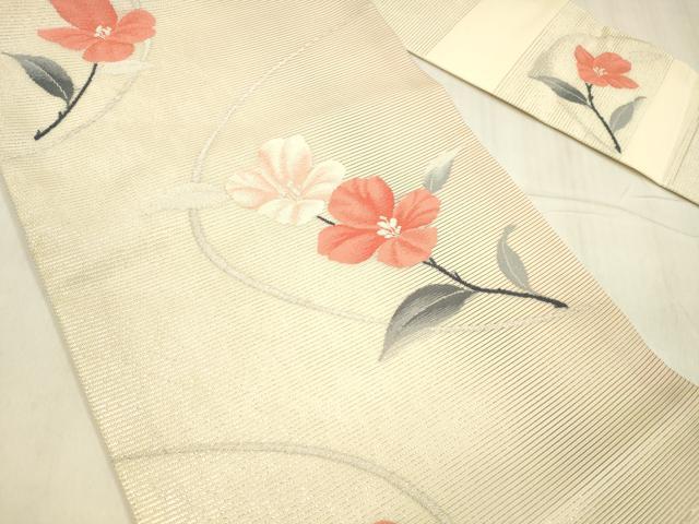 平和屋着物＊夏物 九寸名古屋帯 草花文 銀糸 正絹 逸品 DABD6697cm