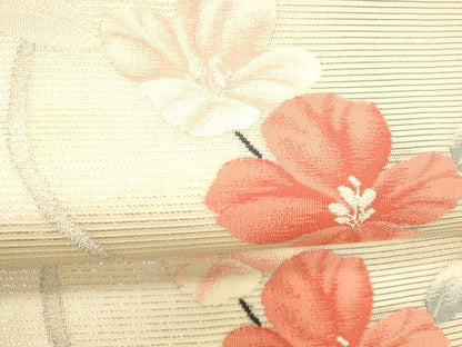 平和屋着物＊夏物 九寸名古屋帯 草花文 銀糸 正絹 逸品 DABD6697cm