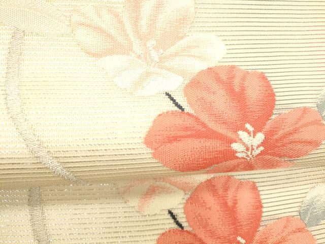 平和屋着物＊夏物 九寸名古屋帯 草花文 銀糸 正絹 逸品 DABD6697cm