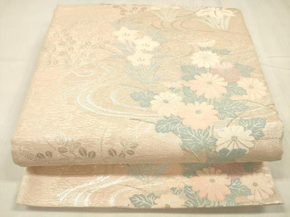 平和屋着物＊夏物 六通柄袋帯 流水草花文 銀糸 正絹 逸品 DABD6698cm