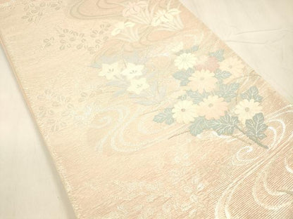 平和屋着物＊夏物 六通柄袋帯 流水草花文 銀糸 正絹 逸品 DABD6698cm