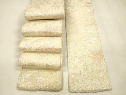 平和屋着物＊夏物　男性　角帯　草花文　銀糸　正絹　逸品　DABD6706cm