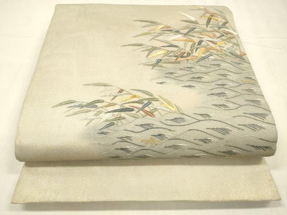 平和屋着物＊夏物 太鼓柄袋帯 駒刺繍 総刺繍 流水草葉文 金糸 引箔 正絹 逸品 DABD6709cm