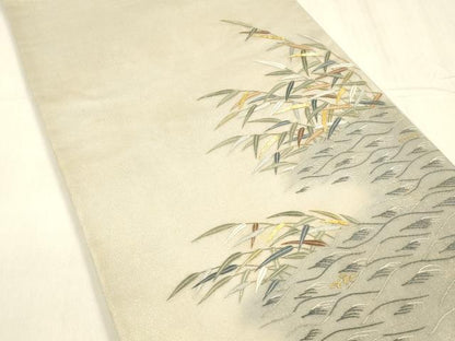 平和屋着物＊夏物 太鼓柄袋帯 駒刺繍 総刺繍 流水草葉文 金糸 引箔 正絹 逸品 DABD6709cm