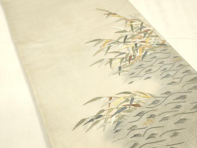 平和屋着物＊夏物 太鼓柄袋帯 駒刺繍 総刺繍 流水草葉文 金糸 引箔 正絹 逸品 DABD6709cm