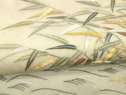平和屋着物＊夏物 太鼓柄袋帯 駒刺繍 総刺繍 流水草葉文 金糸 引箔 正絹 逸品 DABD6709cm