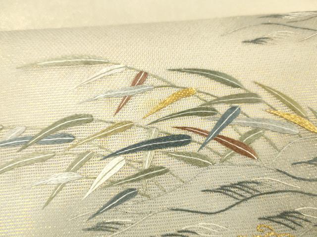 平和屋着物＊夏物 太鼓柄袋帯 駒刺繍 総刺繍 流水草葉文 金糸 引箔 正絹 逸品 DABD6709cm