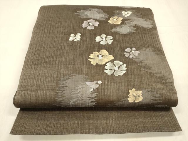 平和屋着物▽太鼓柄袋帯　スリーシーズン　春夏秋　すくい織　舞花文　銀糸　正絹　逸品　DABD6721cm