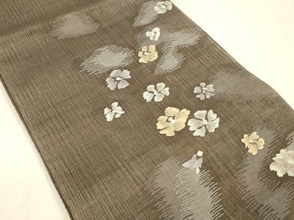 平和屋着物▽太鼓柄袋帯　スリーシーズン　春夏秋　すくい織　舞花文　銀糸　正絹　逸品　DABD6721cm