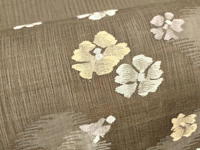 平和屋着物▽太鼓柄袋帯　スリーシーズン　春夏秋　すくい織　舞花文　銀糸　正絹　逸品　DABD6721cm