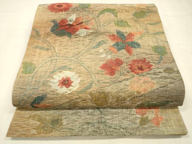 平和屋着物▽六通柄袋帯　スリーシーズン　春夏秋　すくい織　草花文　金糸　正絹　逸品　DABD6722cm