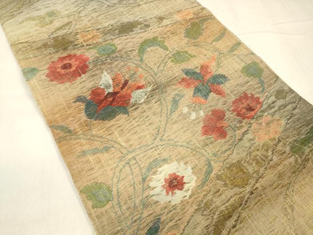 平和屋着物▽六通柄袋帯　スリーシーズン　春夏秋　すくい織　草花文　金糸　正絹　逸品　DABD6722cm