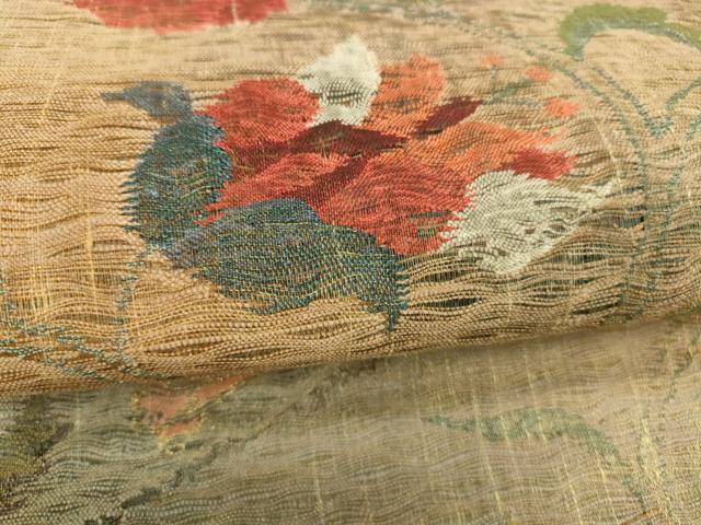 平和屋着物▽六通柄袋帯　スリーシーズン　春夏秋　すくい織　草花文　金糸　正絹　逸品　DABD6722cm