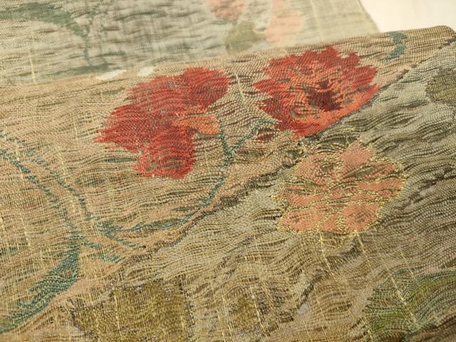 平和屋着物▽六通柄袋帯　スリーシーズン　春夏秋　すくい織　草花文　金糸　正絹　逸品　DABD6722cm