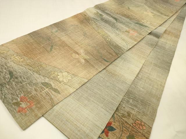 平和屋着物▽六通柄袋帯　スリーシーズン　春夏秋　すくい織　草花文　金糸　正絹　逸品　DABD6722cm