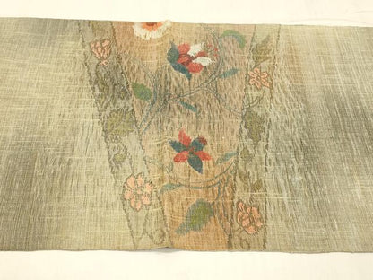 平和屋着物▽六通柄袋帯　スリーシーズン　春夏秋　すくい織　草花文　金糸　正絹　逸品　DABD6722cm