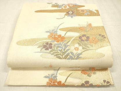 平和屋着物＊夏物 六通柄袋帯 唐織 花蝶文 金糸 正絹 逸品 DABD6730cm