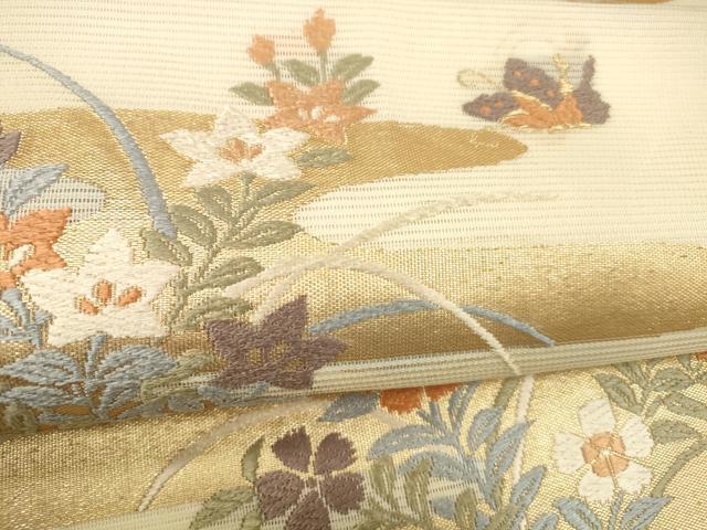 平和屋着物＊夏物 六通柄袋帯 唐織 花蝶文 金糸 正絹 逸品 DABD6730cm
