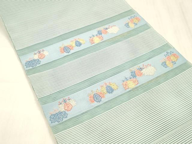 平和屋着物＊夏物 絽綴れ 八寸名古屋帯 横段草花文 金