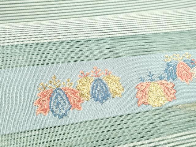 平和屋着物＊夏物 絽綴れ 八寸名古屋帯 横段草花文 金