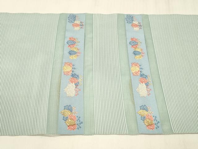 平和屋着物＊夏物 絽綴れ 八寸名古屋帯 横段草花文 金