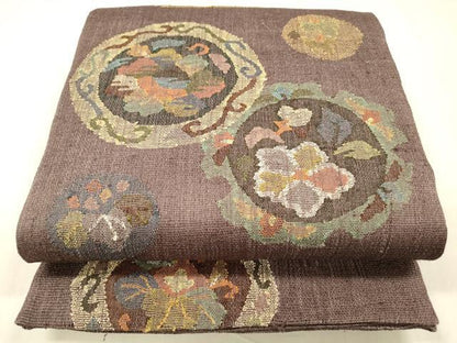 平和屋着物▽太鼓柄　本袋帯　スリーシーズン　春夏秋　すくい織　花唐草文　正絹　逸品　DABD6733cm