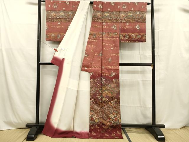 平和屋着物■訪問着　ふくれ織　花蝶文　金彩　正絹　逸品　DABD6738cm