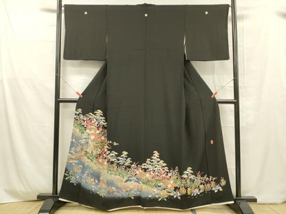 平和屋着物■豪華黒留袖 友禅 作家物 風景草花文 正絹 逸品 DABD6741cm