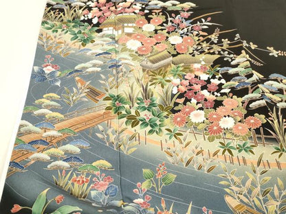 平和屋着物■豪華黒留袖 友禅 作家物 風景草花文 正絹 逸品 DABD6741cm