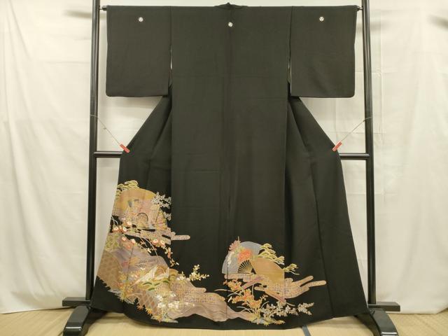 平和屋着物■豪華黒留袖　扇面飛鶴御所車花文　金彩　正絹　逸品　DABD6746cm